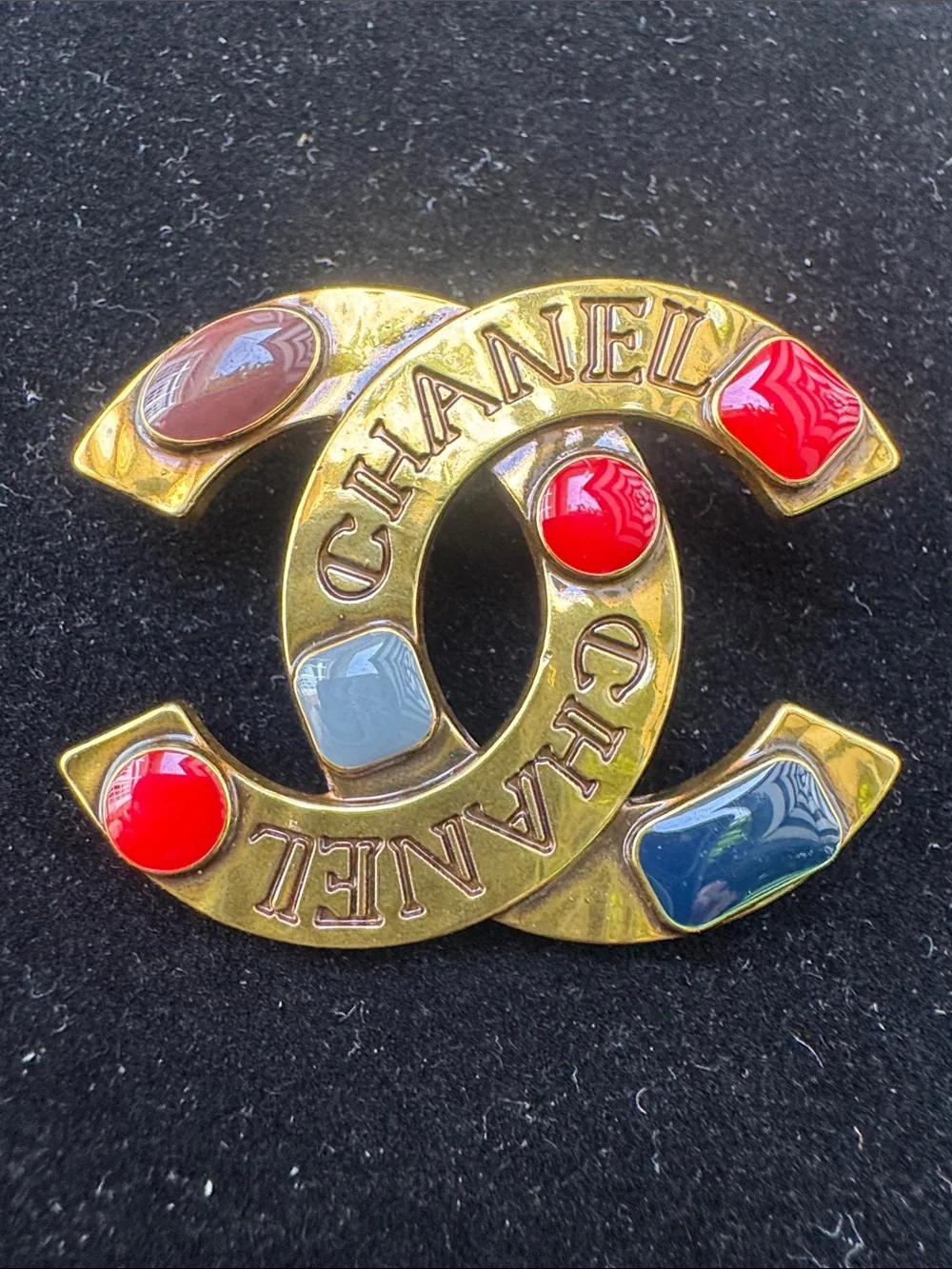 Brooch Gold-Tone CC Logo  with Red, Blue, Gray Cabochons